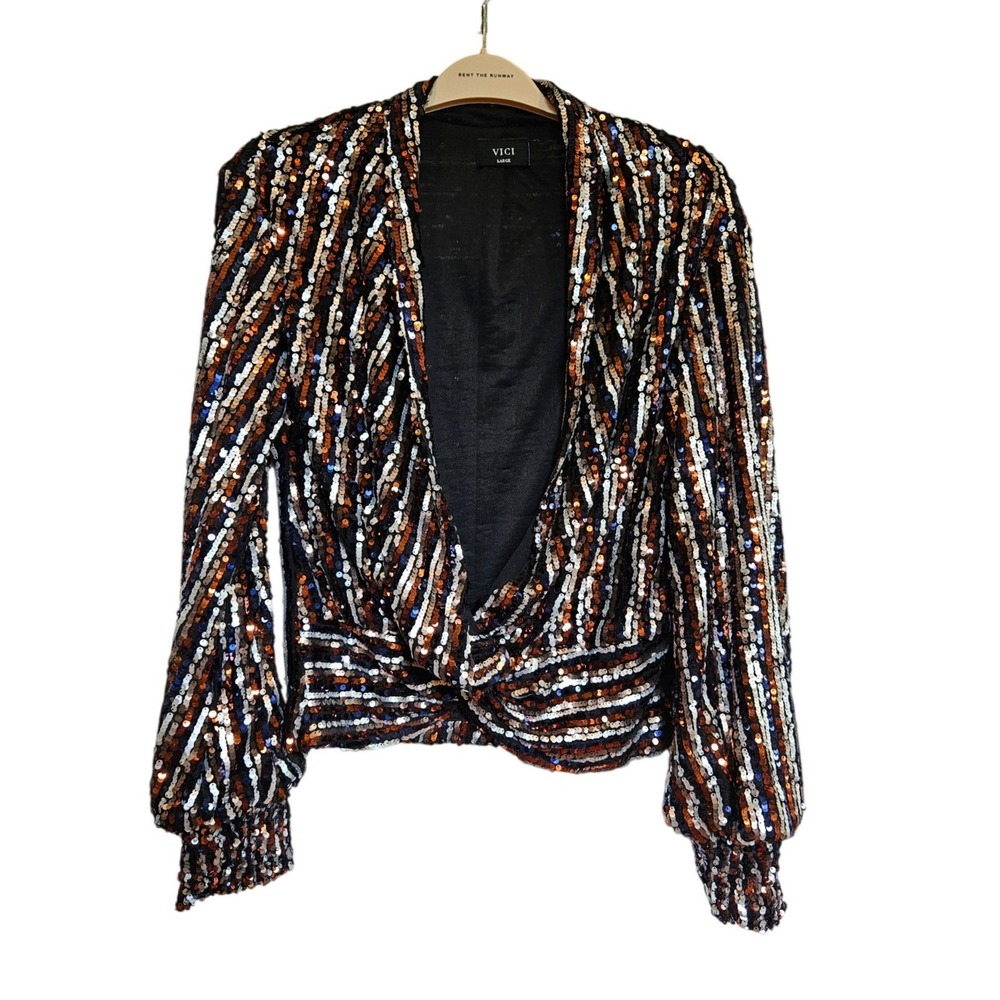 VICI Womens Sequin Wrap Top Striped Draped‎ Long Sleeve Blouse Copper Silver L